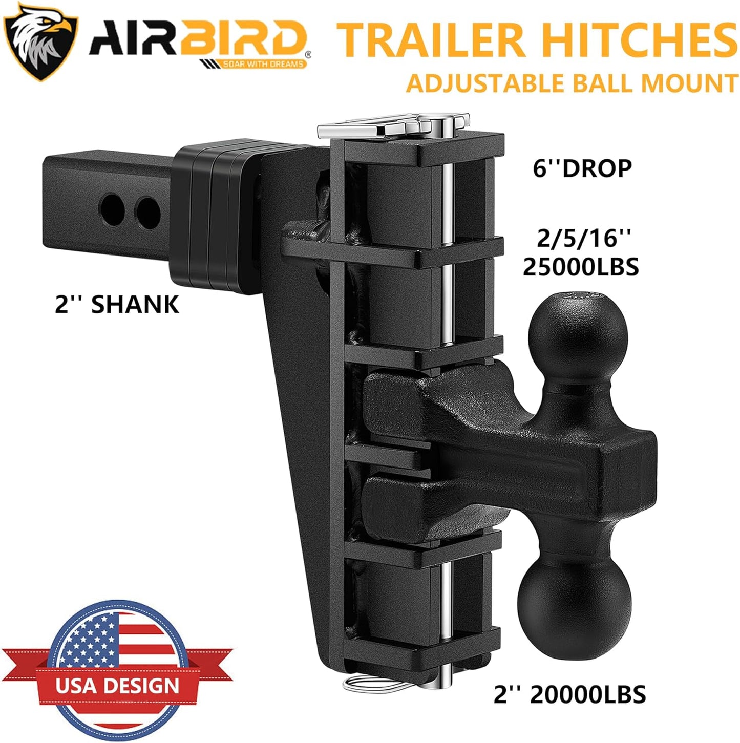 Adjustable Trailer Hitch Fits 2-Inch Receiver, Heavy Duty Tow Hitches (17000 LBS GTW) 6 Inch Drop Truck Hitch Tri-Ball Mount with Hook (1-7/8" x 2" x 2-5/16")