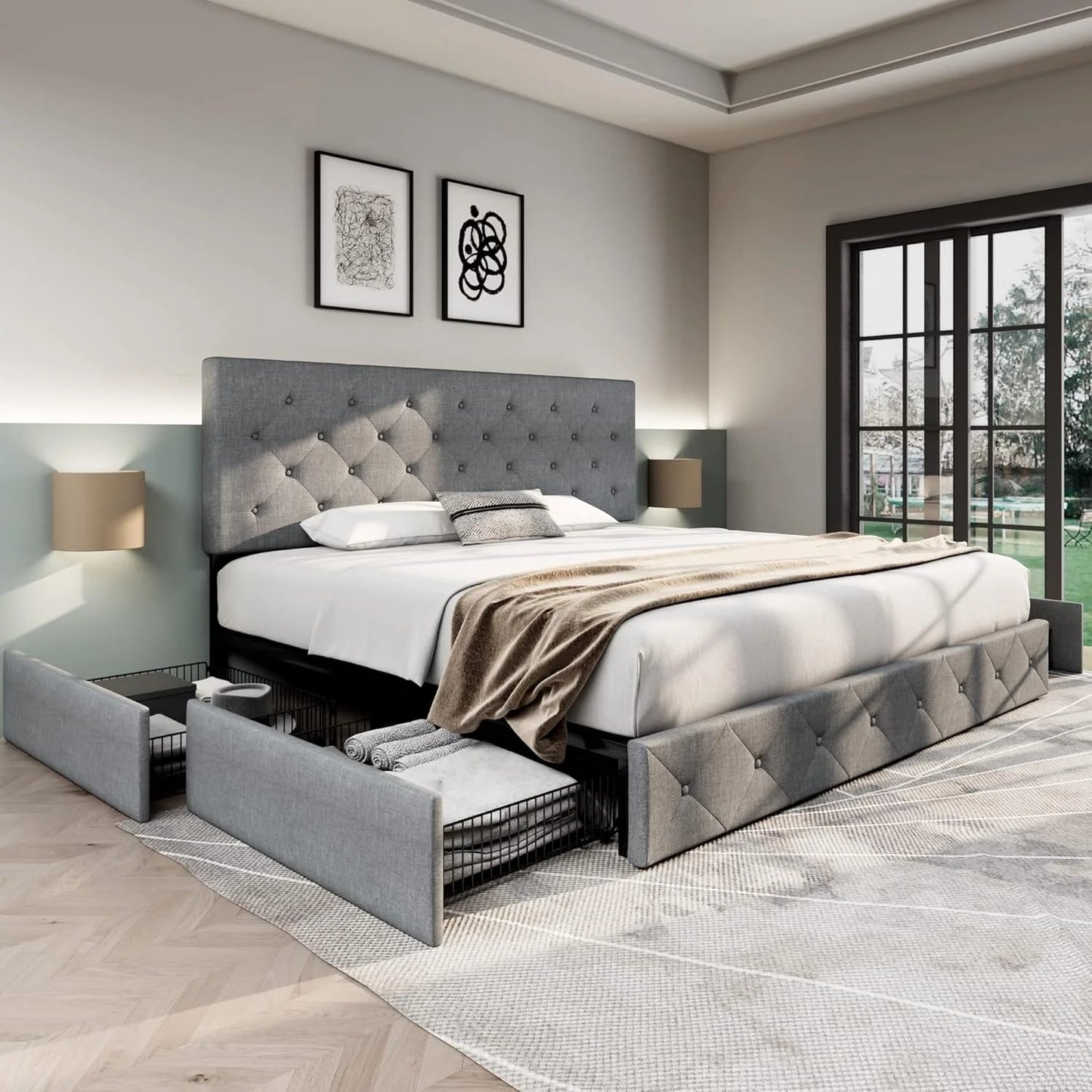 Allewie Upholstered Queen Size Platform Bed Frame with 4 Storage Drawers and Headboard, Square Stitched Button Tufted, Mattress Foundation with Wooden Slats Support, No Box Spring Needed, Light Grey