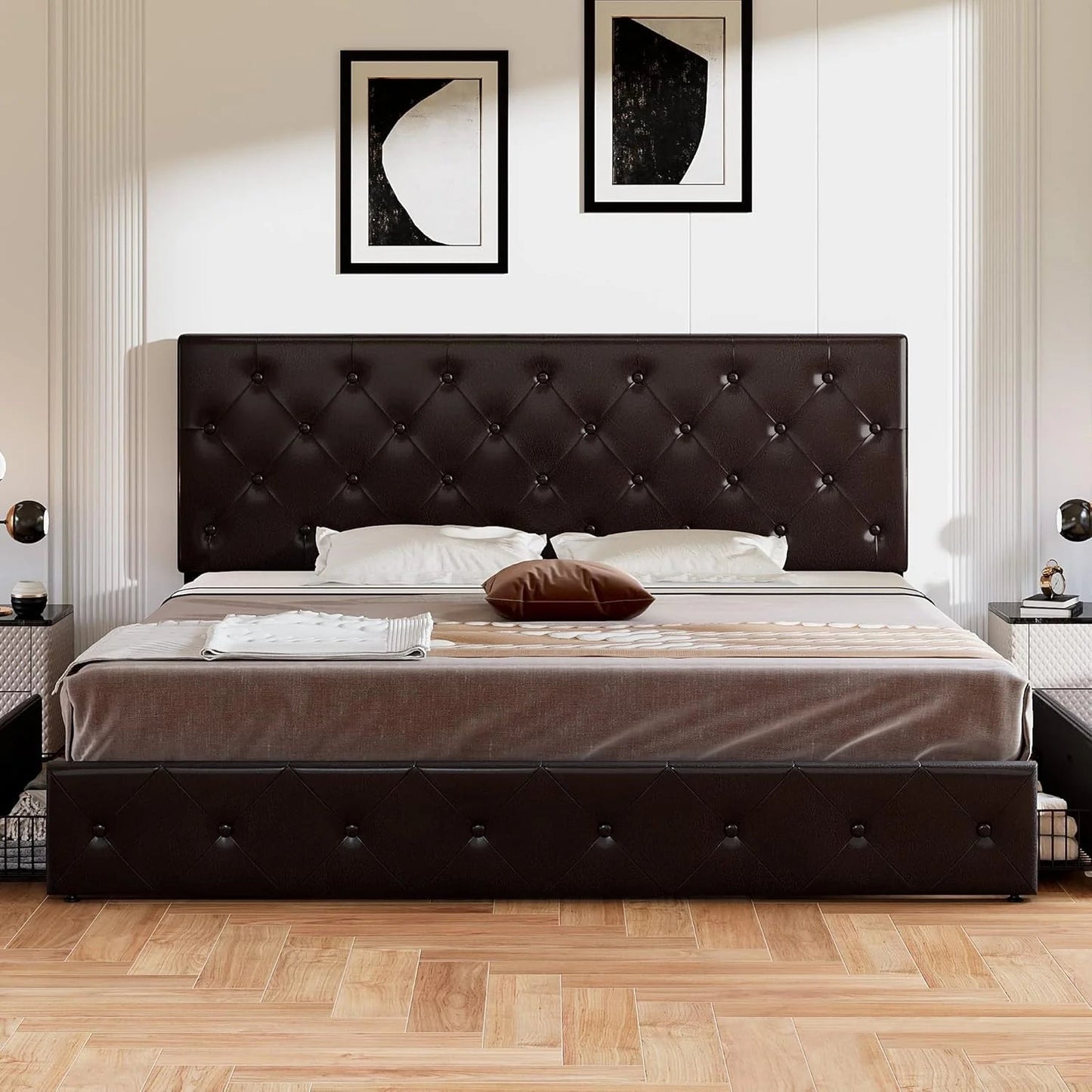 Allewie Upholstered Queen Size Platform Bed Frame with 4 Storage Drawers and Headboard, Square Stitched Button Tufted, Mattress Foundation with Wooden Slats Support, No Box Spring Needed, Light Grey