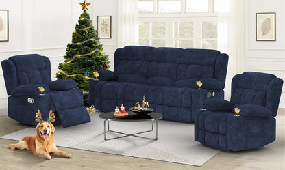 3 Seat Reclining Sofa with Storage Drawer USB Ports & Cup Holders Manual Couch