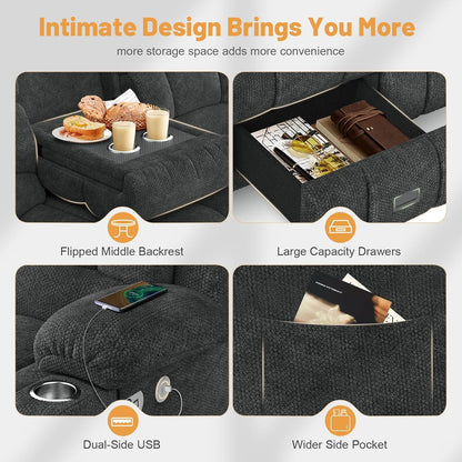 3 Seat Reclining Sofa with Storage Drawer USB Ports & Cup Holders Manual Couch