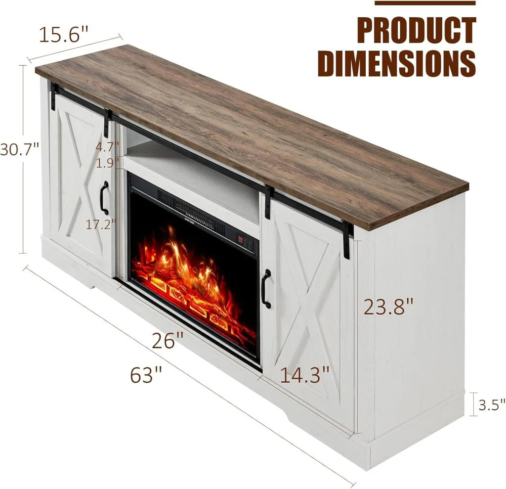AMERLIFE Fireplace TV Stand with Sliding Barn Door for TVs up to 73", Farmhouse 63" Fireplace Entertainment Center with Storage Cabinets/Adjustable Shelves