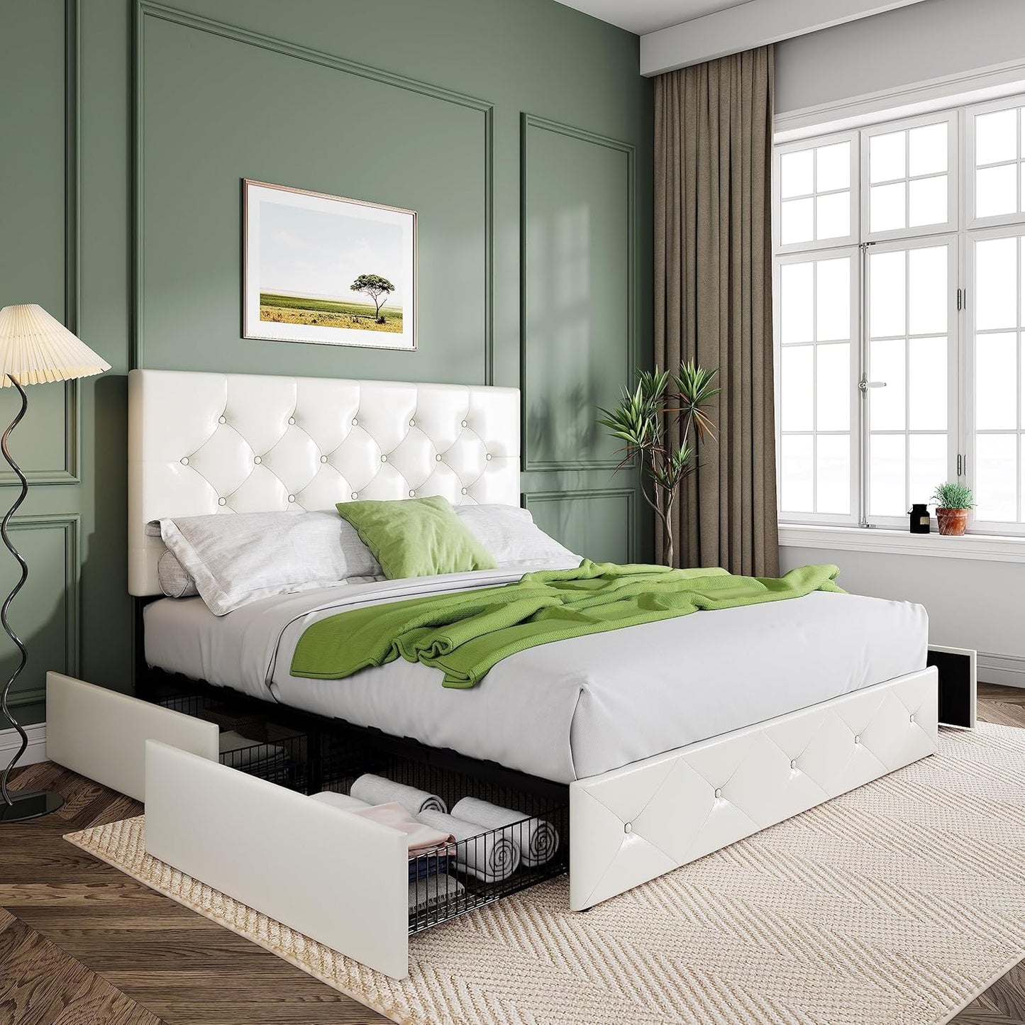 Allewie Upholstered Queen Size Platform Bed Frame with 4 Storage Drawers and Headboard, Square Stitched Button Tufted, Mattress Foundation with Wooden Slats Support, No Box Spring Needed, Light Grey