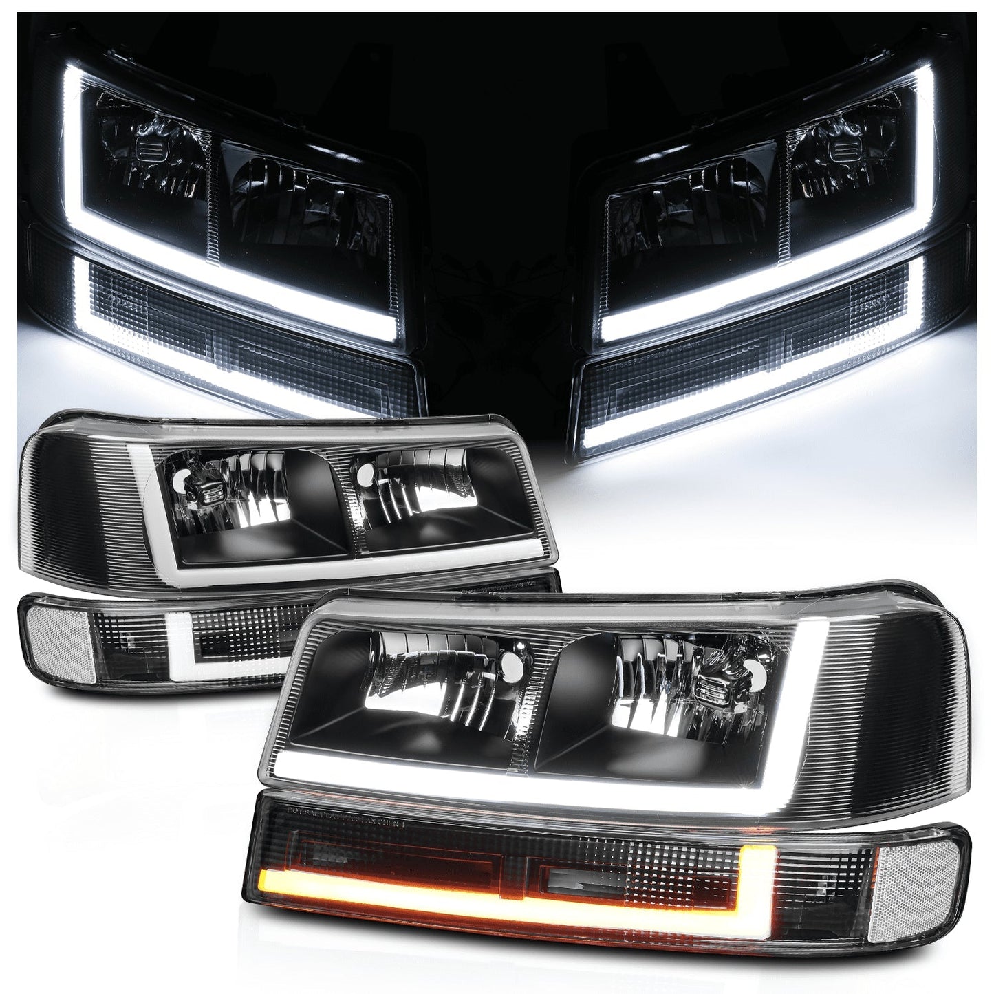 A set of 4 LED running light bars L+R black headlights + bumper signals for 2003-2014 Chevrolet Express 1500,2003-2023 Chevrolet Express 2500