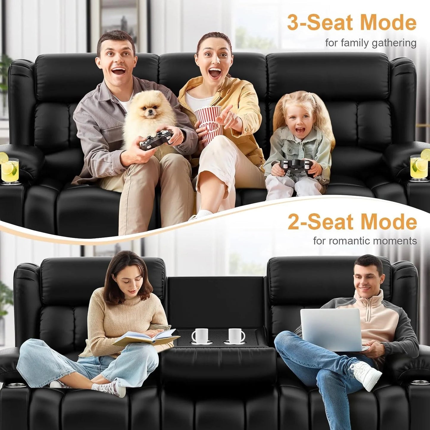 3 Seat Reclining Sofa with Storage Drawer USB Ports & Cup Holders Manual Couch