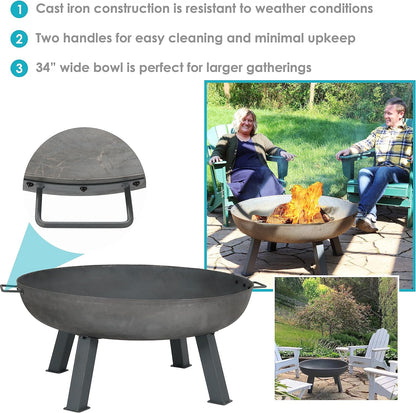 34-Inch Rustic Cast Iron Outdoor Raised Fire Pit Bowl with Handles - Oxidized Finish