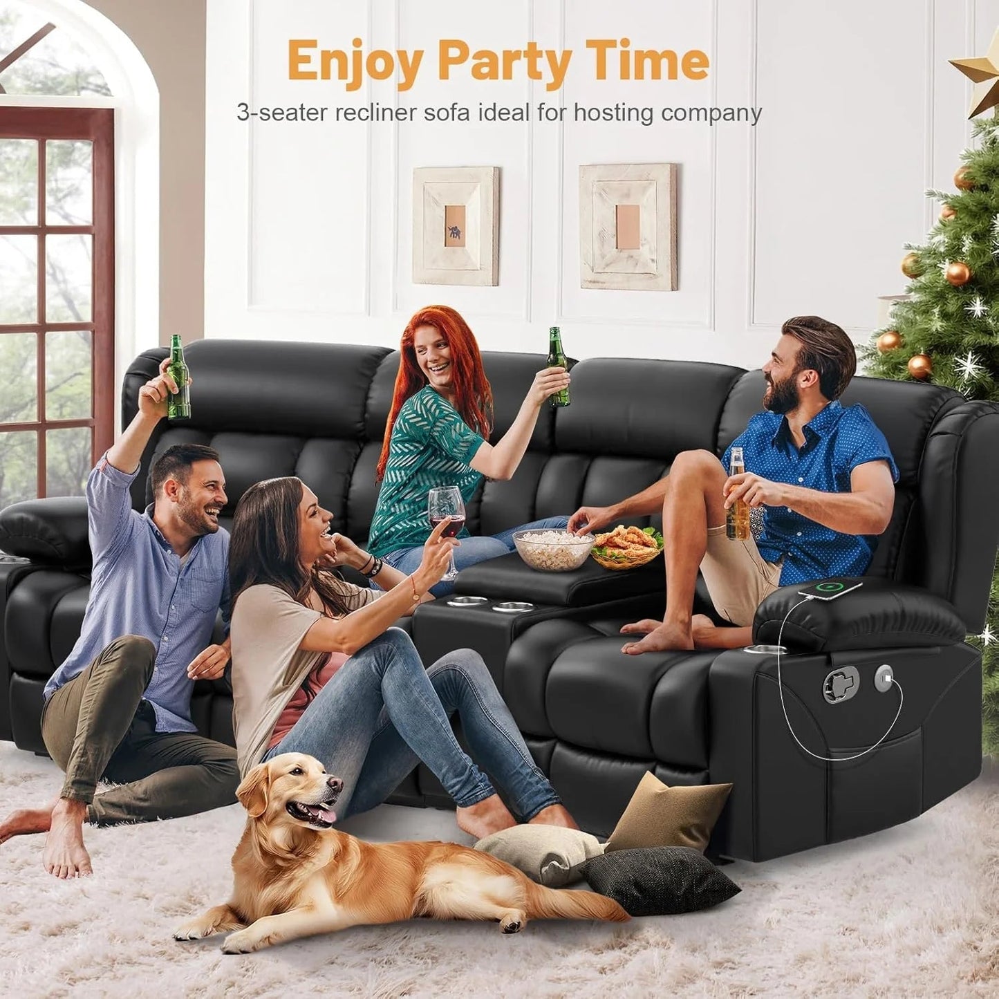 3 Seat Reclining Sofa with Storage Drawer USB Ports & Cup Holders Manual Couch