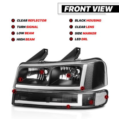 A set of 4 LED running light bars L+R black headlights + bumper signals for 2003-2014 Chevrolet Express 1500,2003-2023 Chevrolet Express 2500