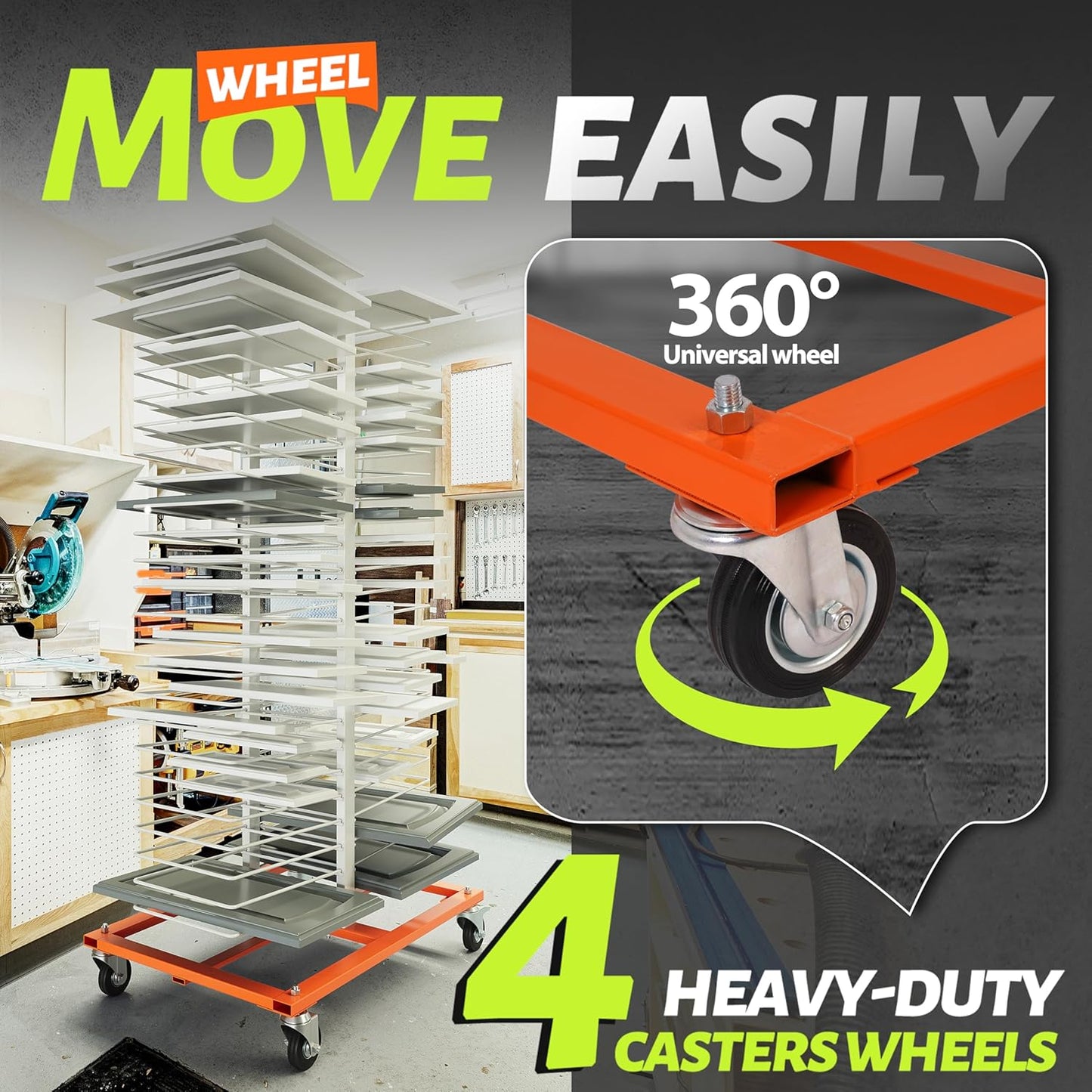 50-Shelf Paint Drying Rack with Wheels, 25lbs/Shelf, Orange/White