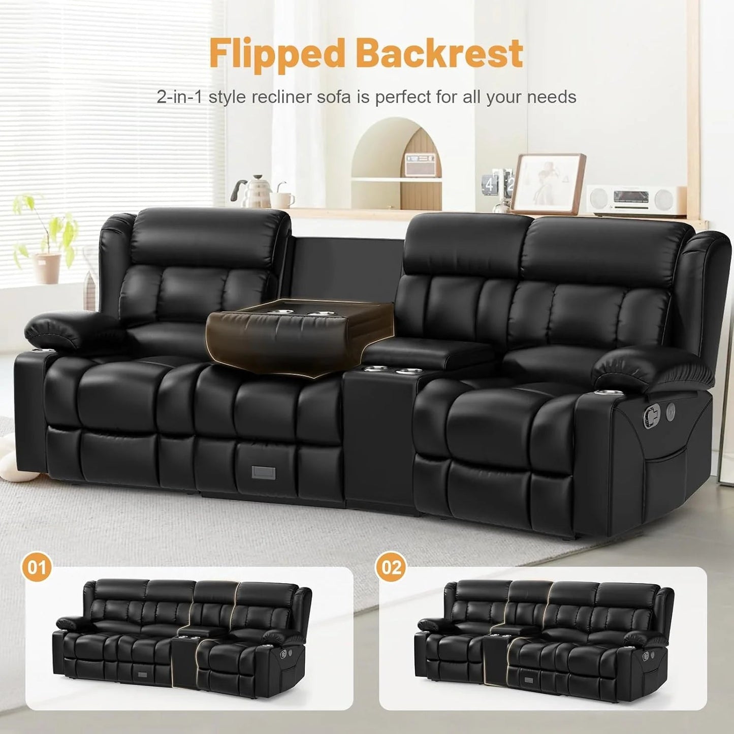3 Seat Reclining Sofa with Storage Drawer USB Ports & Cup Holders Manual Couch