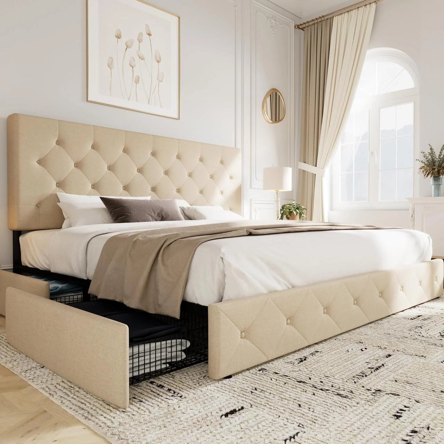 Allewie Upholstered Queen Size Platform Bed Frame with 4 Storage Drawers and Headboard, Square Stitched Button Tufted, Mattress Foundation with Wooden Slats Support, No Box Spring Needed, Light Grey