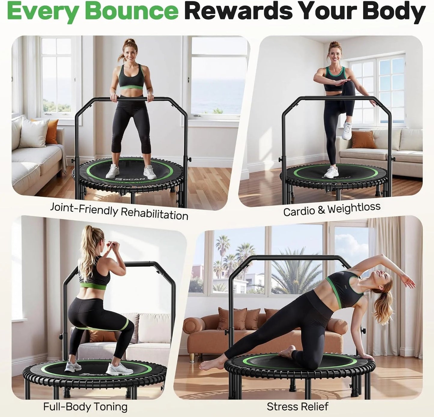 BCAN 450/550 LBS Foldable Mini Trampoline, 40"/48" Fitness Trampoline with Bungees, U Shape Adjustable Foam Handle, Stable & Quiet Exercise Rebounder for Adults Indoor/Outdoor Workout