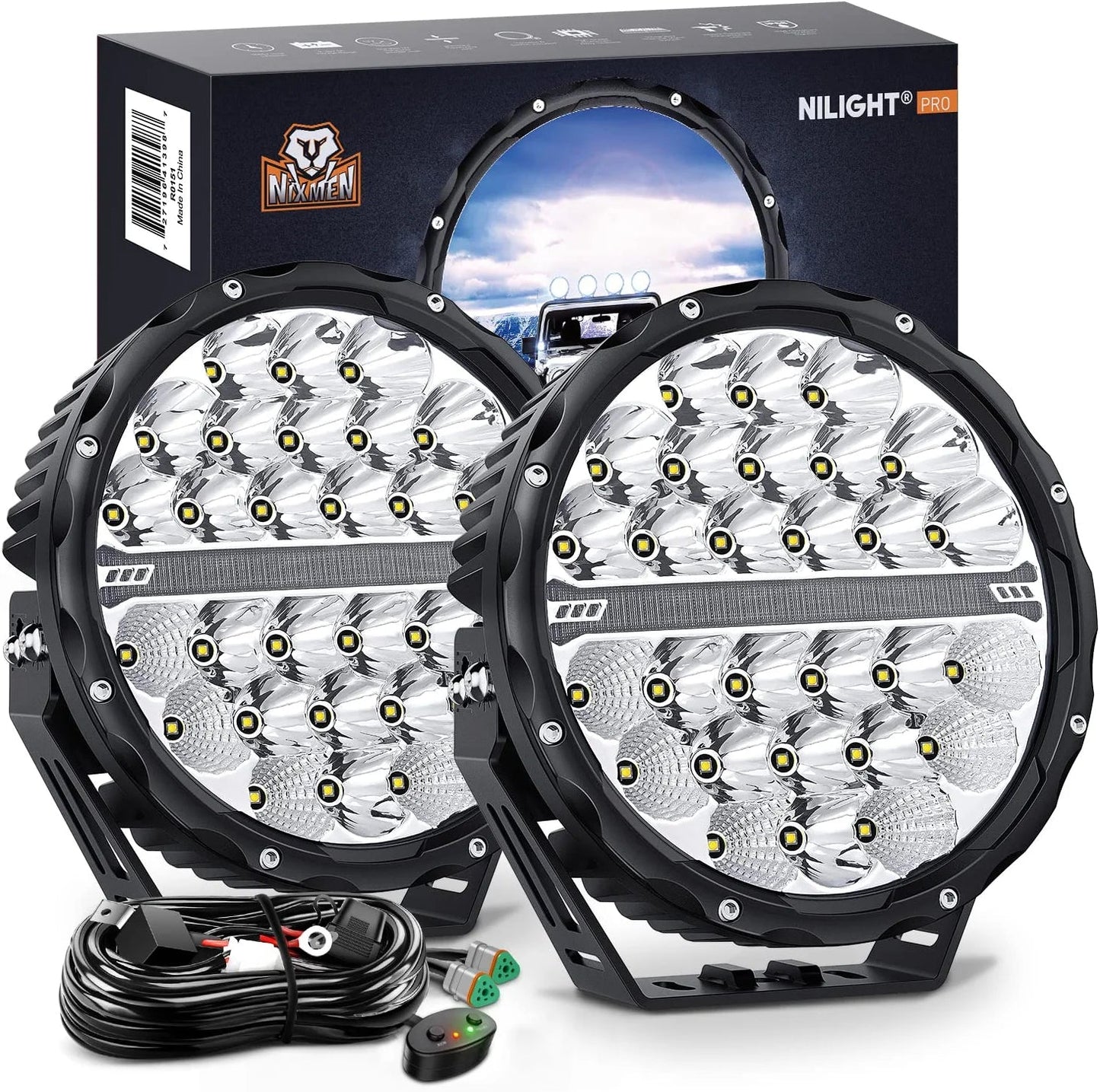 9-inch round off-road LED drive light, 2PCS 140W 15560LM IP68 multi-point floodlight combination work light, 12AWG DT connector harness kit for 4x4 Jeep Truck ATV UTV SUV, 5-year warranty