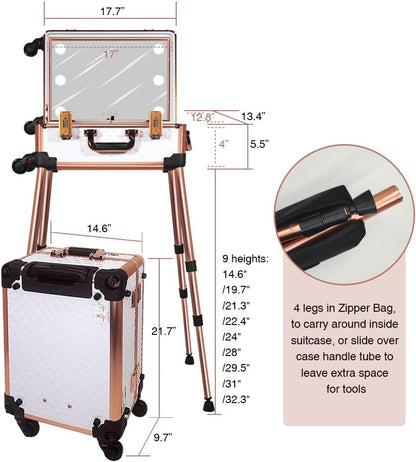Medium Makeup Train Case with Code Lock, Lighted Mirror, Speaker Travel Cosmetic Organizer Box, Professional Artist Trolley Studio Free Standing Case