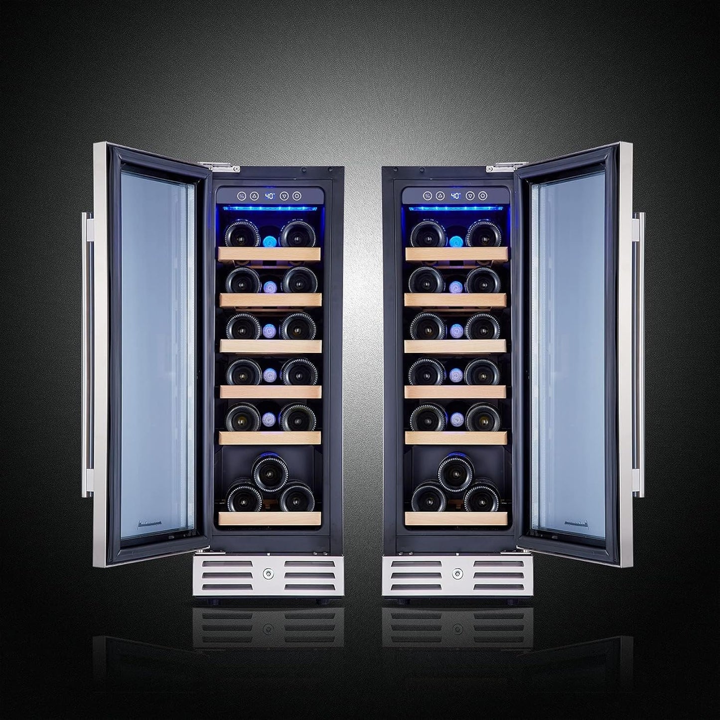 24 inch Wine Cooler, 46 Bottle - Dual Zone Built-in or Freestanding Fridge with Stainless Steel Reversible Glass Door, for Home, Kitchen, or Office.