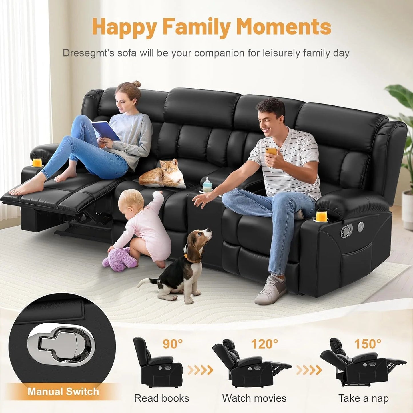 3 Seat Reclining Sofa with Storage Drawer USB Ports & Cup Holders Manual Couch
