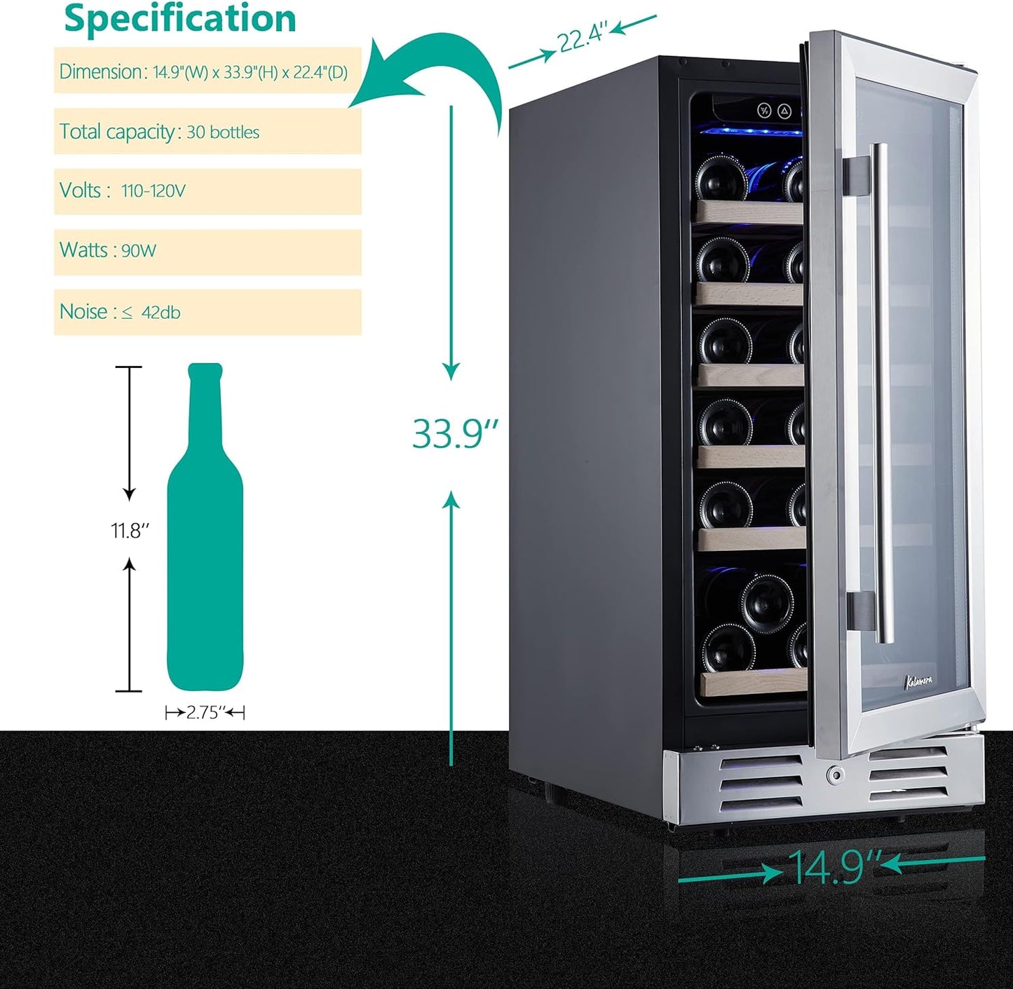 24 inch Wine Cooler, 46 Bottle - Dual Zone Built-in or Freestanding Fridge with Stainless Steel Reversible Glass Door, for Home, Kitchen, or Office.
