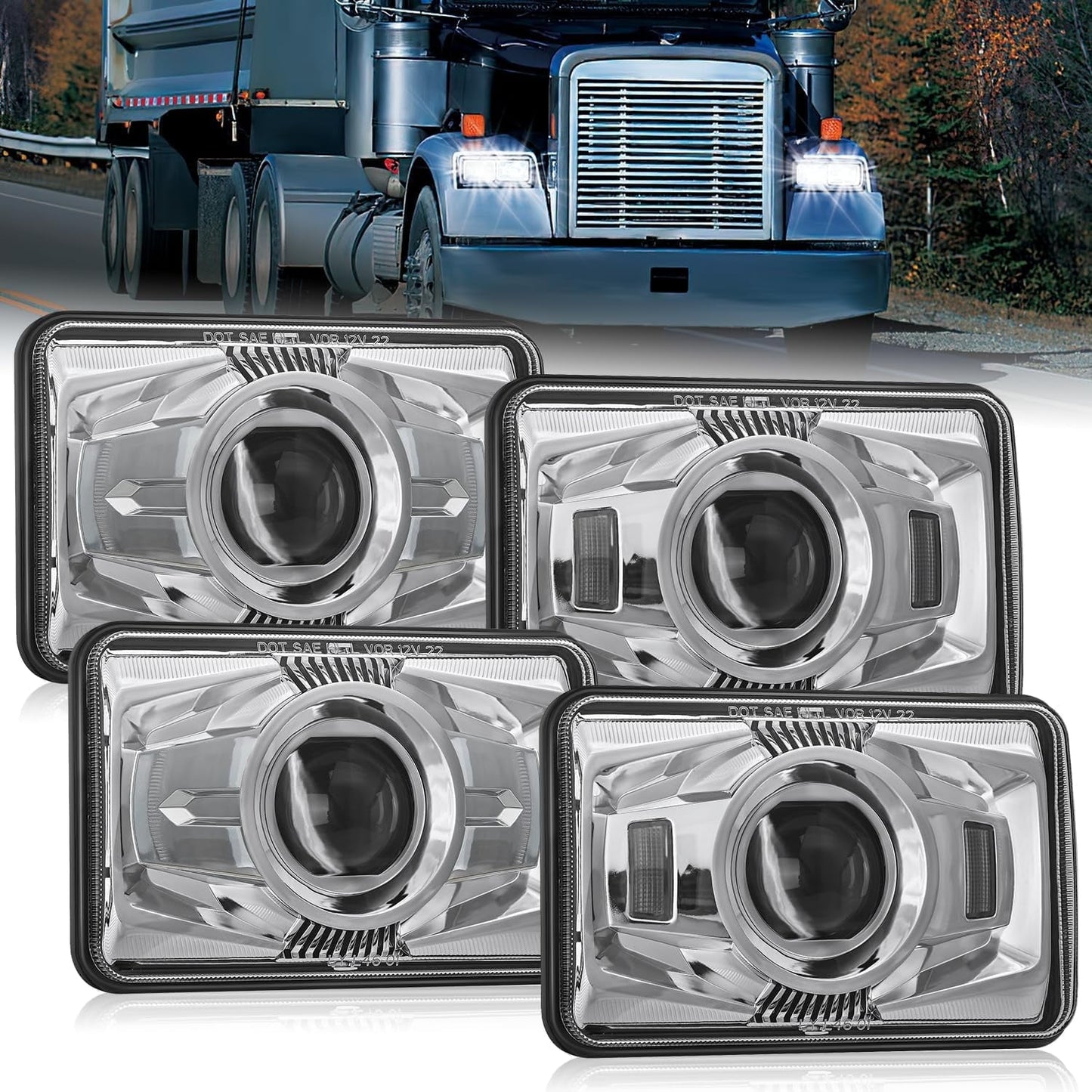 4x6 "Led Headlights 60W DOT Approved Hi/Lo Sealed Beam Rectangular headlights Replacement H4651 H4652 H4656 H4666 H6545 Compatible Kenworth Peter Bill Ford Freighter (silver, 4PCS)