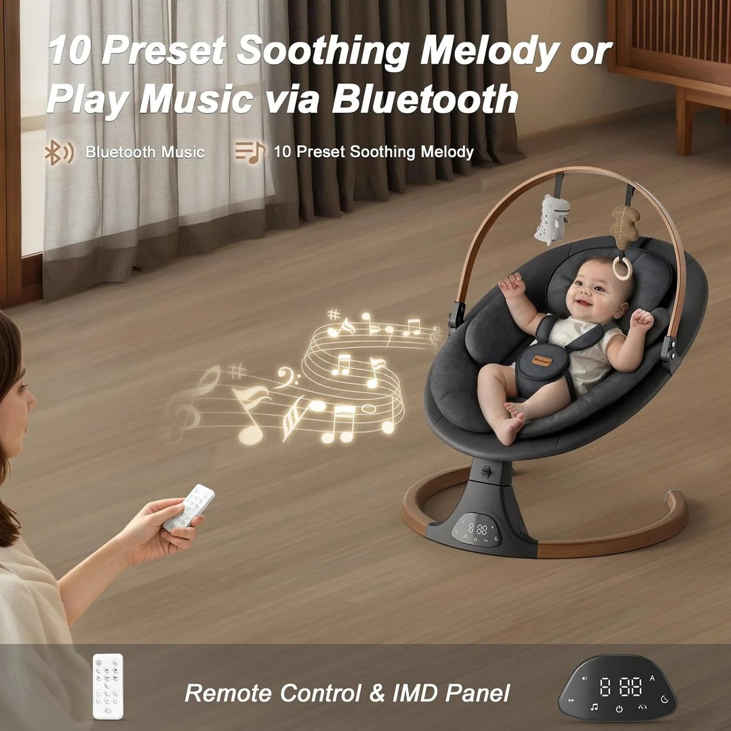 Baby Swings for Infants, Monamii Baby Swing, Bluetooth Infant Swing with Music Speaker, 5 Speeds and Remote Control, Indoor & Outdoor Use