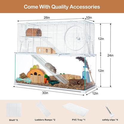 3 Tiers Large Hamster Cages, Glass Hamster Cage Habitat with Openable Wire Topper, Gerbil Cage with Two Ladders Ramps and Removeable Waterproof PVC Tray, Easy to Clean