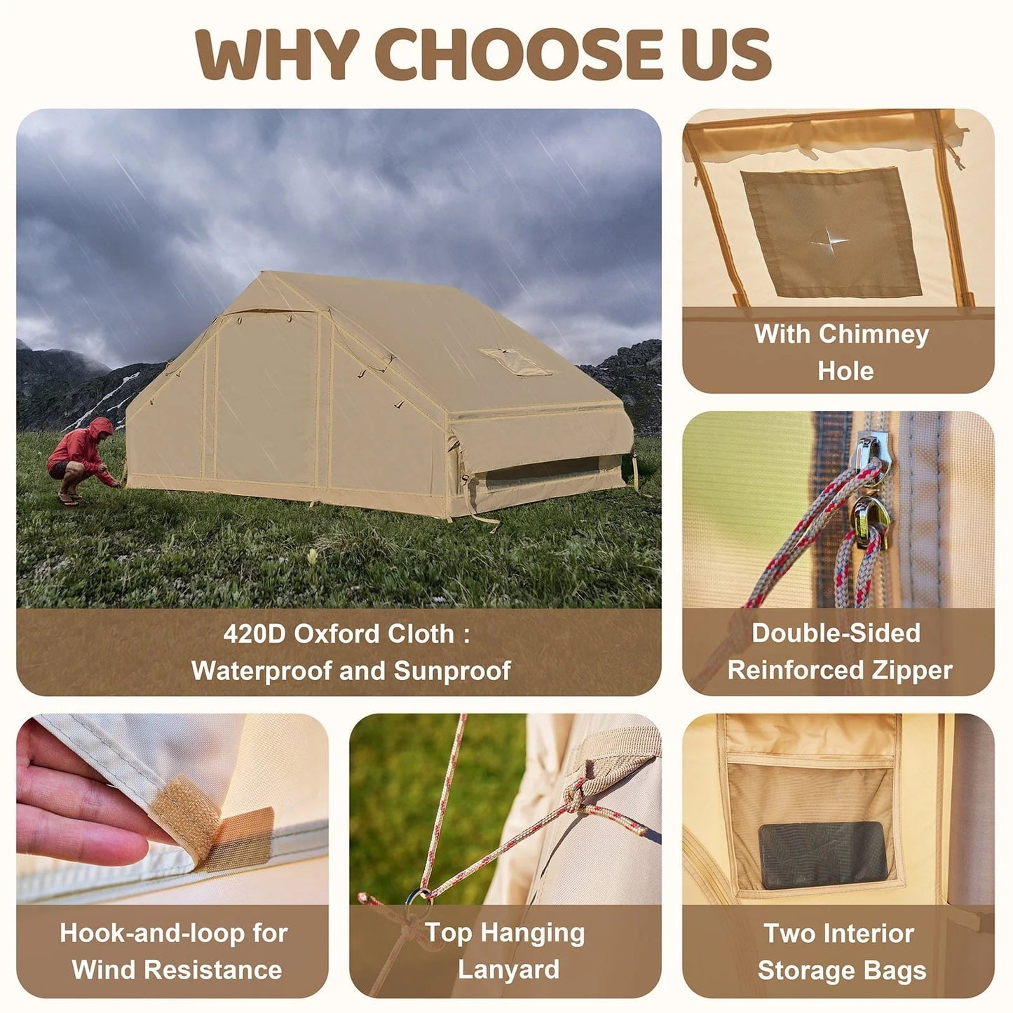 6 Person Inflatable Camping Tent with Pump, 10ft x7ft Glamping Family Tent Easy Setup 4 Season Waterproof Windproof Outdoor Blow Up Tent Luxury Oxford Cabin with Mesh Windows & Doors