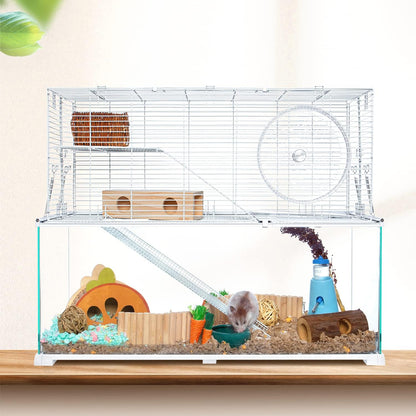 3 Tiers Large Hamster Cages, Glass Hamster Cage Habitat with Openable Wire Topper, Gerbil Cage with Two Ladders Ramps and Removeable Waterproof PVC Tray, Easy to Clean