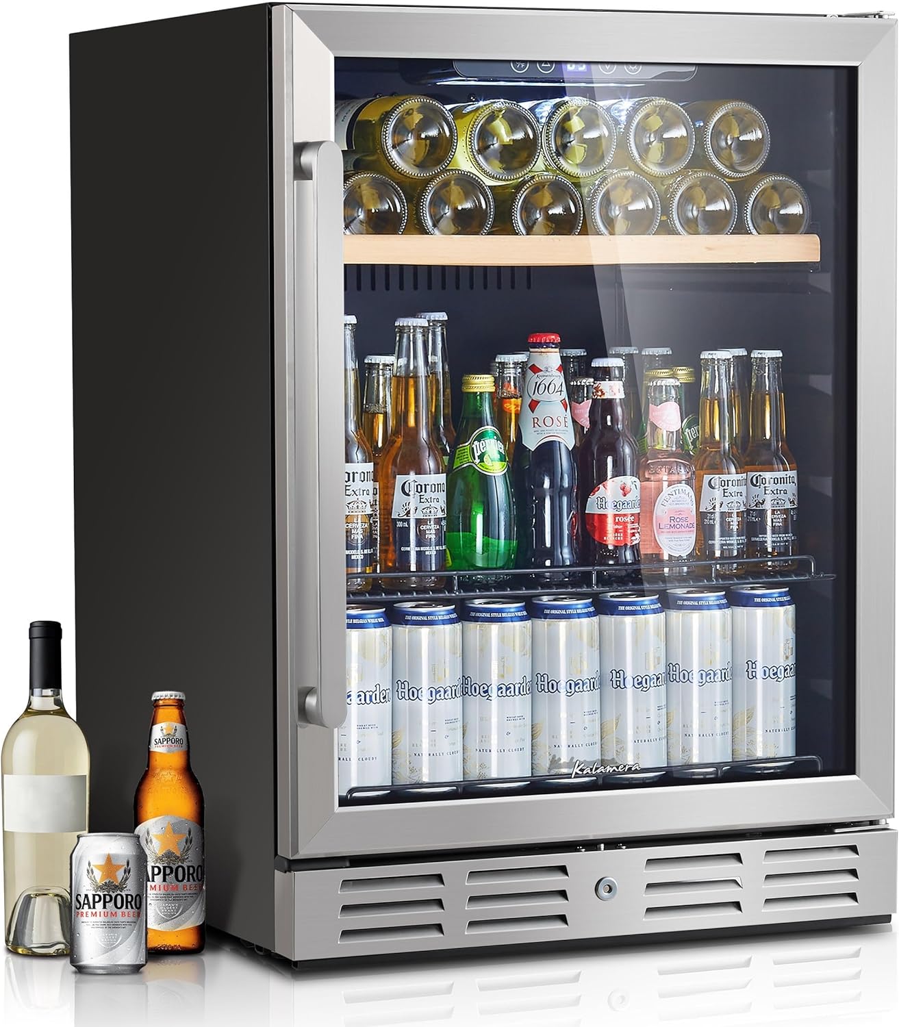 24 inch Wine Cooler, 46 Bottle - Dual Zone Built-in or Freestanding Fridge with Stainless Steel Reversible Glass Door, for Home, Kitchen, or Office.