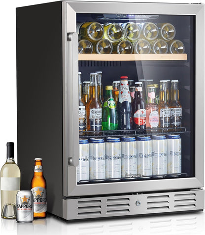 24 inch Wine Cooler, 46 Bottle - Dual Zone Built-in or Freestanding Fridge with Stainless Steel Reversible Glass Door, for Home, Kitchen, or Office.