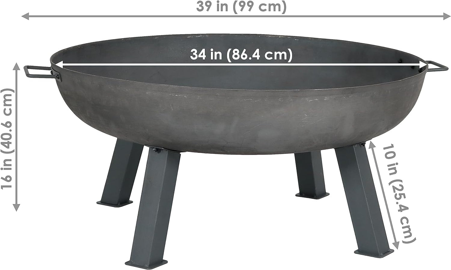 34-Inch Rustic Cast Iron Outdoor Raised Fire Pit Bowl with Handles - Oxidized Finish