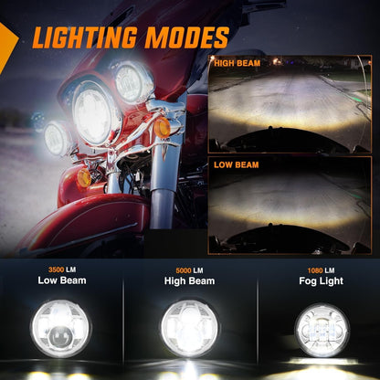 7 "Motorcycle Led Headlights 4.5" Fog Light Assist DOT Kit Compatible with Harley-Davidson Elektra Street Glide Fat Boy Road King Heritage Softtail CVO,