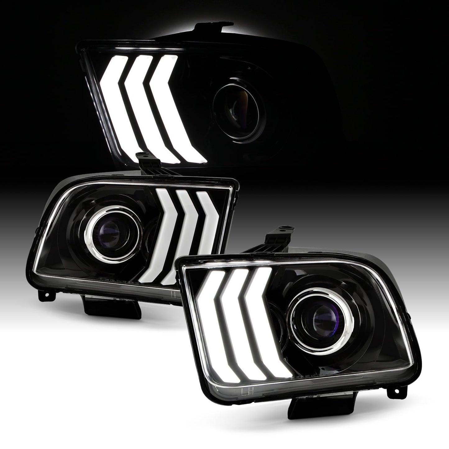 AKKON - Fits 2005-2009 Ford Mustang LED Tube DRL Parking Halogen Type Projector Black Headlights Pair Driver+Passenger