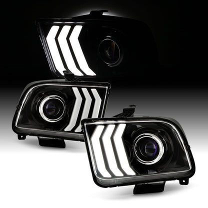 AKKON - Fits 2005-2009 Ford Mustang LED Tube DRL Parking Halogen Type Projector Black Headlights Pair Driver+Passenger