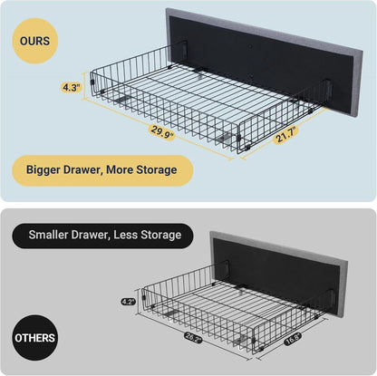 Allewie Upholstered Queen Size Platform Bed Frame with 4 Storage Drawers and Headboard, Square Stitched Button Tufted, Mattress Foundation with Wooden Slats Support, No Box Spring Needed, Light Grey