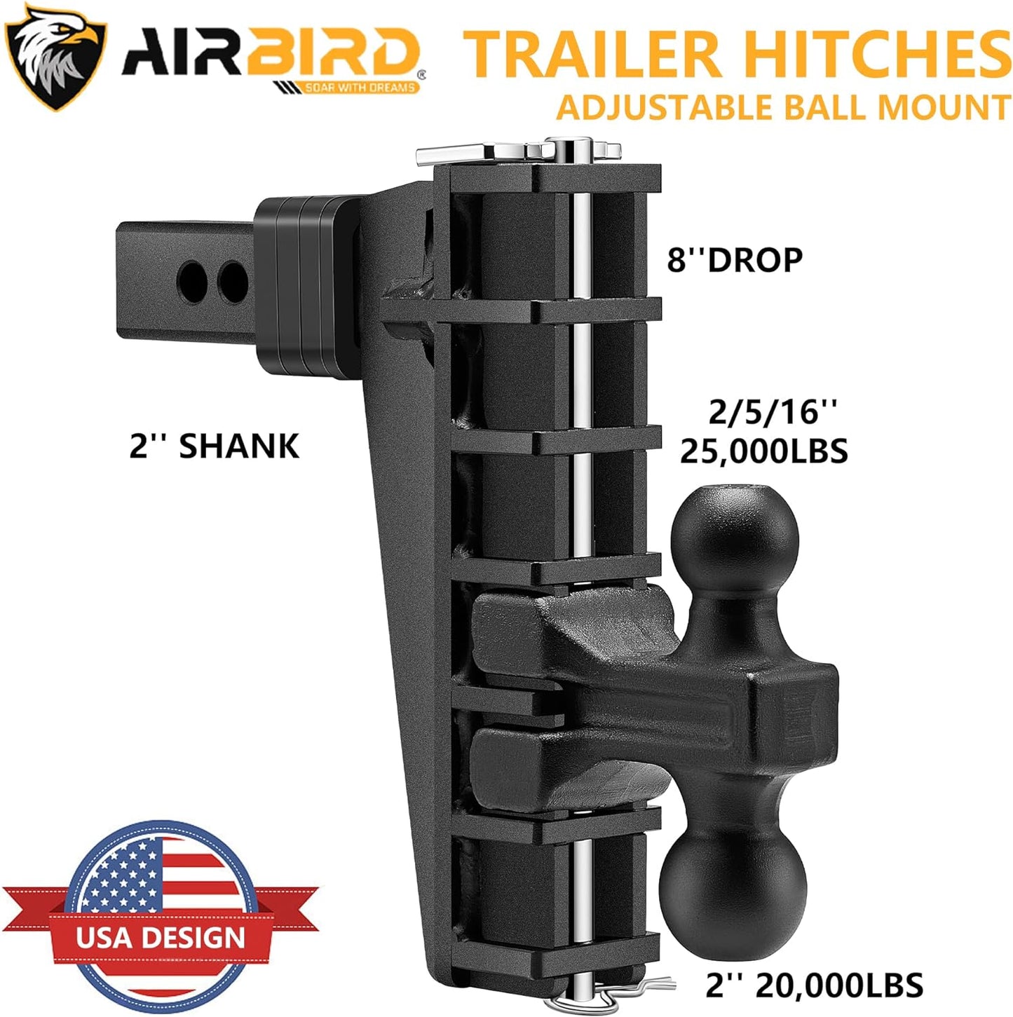 Adjustable Trailer Hitch Fits 2-Inch Receiver, Heavy Duty Tow Hitches (17000 LBS GTW) 6 Inch Drop Truck Hitch Tri-Ball Mount with Hook (1-7/8" x 2" x 2-5/16")