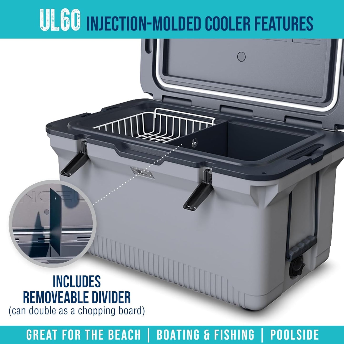 60 QT Ultra-Light Injection Molded Cooler - Ice Chest Keeps Ice up to 7 Days - Large Cooler Includes Wire Basket, Divider and Built-in Bottle Opener