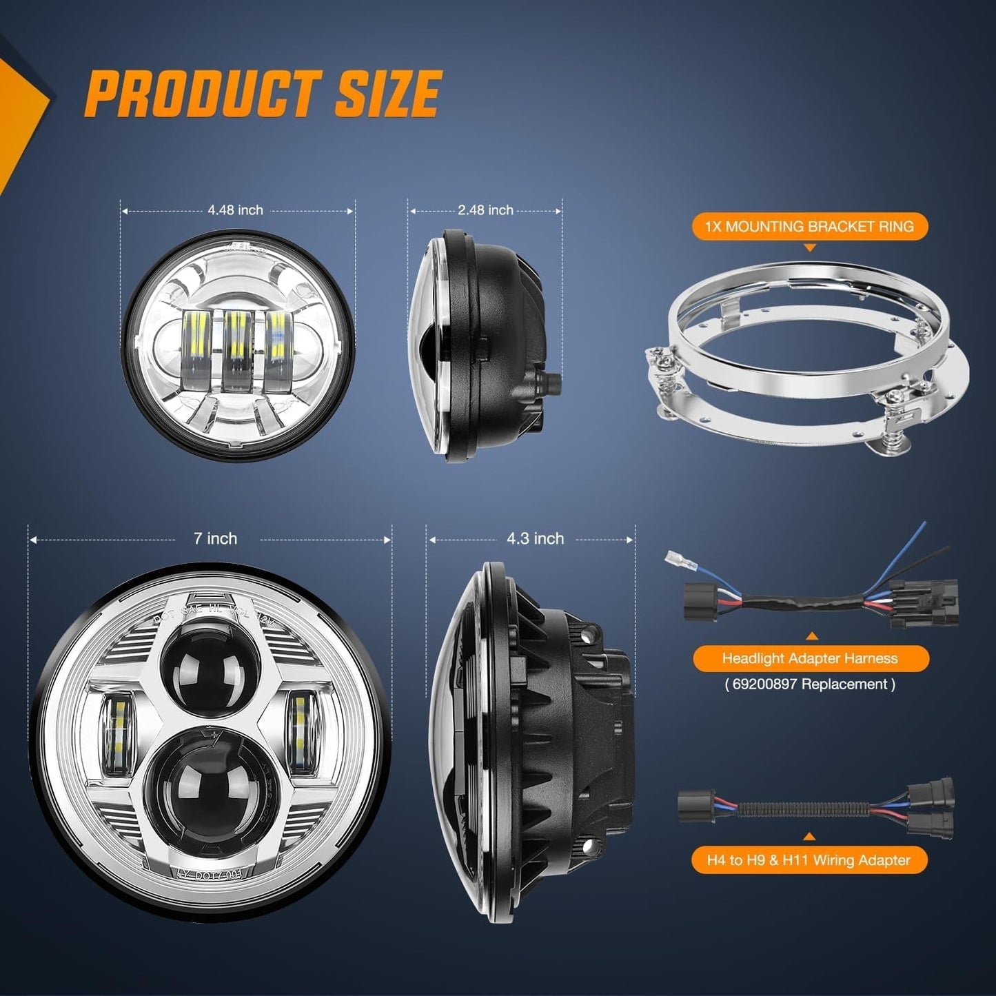 7 "Motorcycle Led Headlights 4.5" Fog Light Assist DOT Kit Compatible with Harley-Davidson Elektra Street Glide Fat Boy Road King Heritage Softtail CVO,