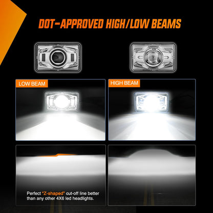 4x6 "Led Headlights 60W DOT Approved Hi/Lo Sealed Beam Rectangular headlights Replacement H4651 H4652 H4656 H4666 H6545 Compatible Kenworth Peter Bill Ford Freighter (silver, 4PCS)