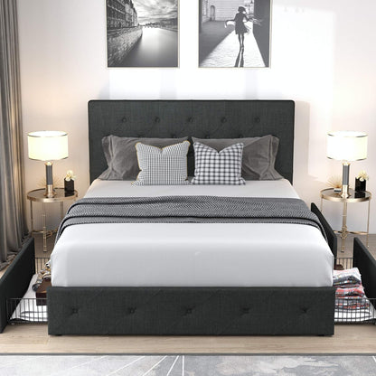 Allewie Upholstered Queen Size Platform Bed Frame with 4 Storage Drawers and Headboard, Square Stitched Button Tufted, Mattress Foundation with Wooden Slats Support, No Box Spring Needed, Light Grey