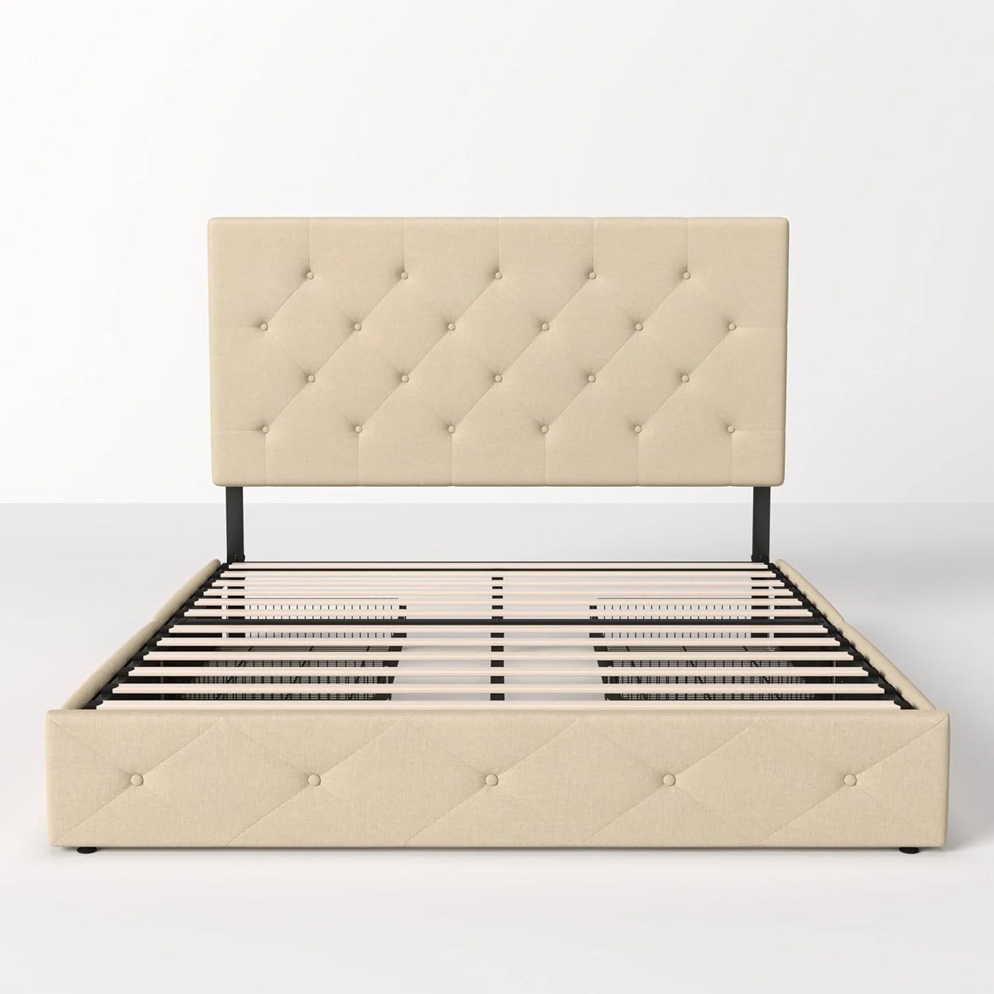 Allewie Upholstered Queen Size Platform Bed Frame with 4 Storage Drawers and Headboard, Square Stitched Button Tufted, Mattress Foundation with Wooden Slats Support, No Box Spring Needed, Light Grey