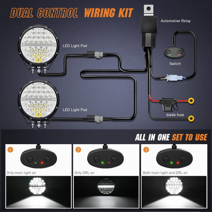 9-inch round off-road LED drive light, 2PCS 140W 15560LM IP68 multi-point floodlight combination work light, 12AWG DT connector harness kit for 4x4 Jeep Truck ATV UTV SUV, 5-year warranty