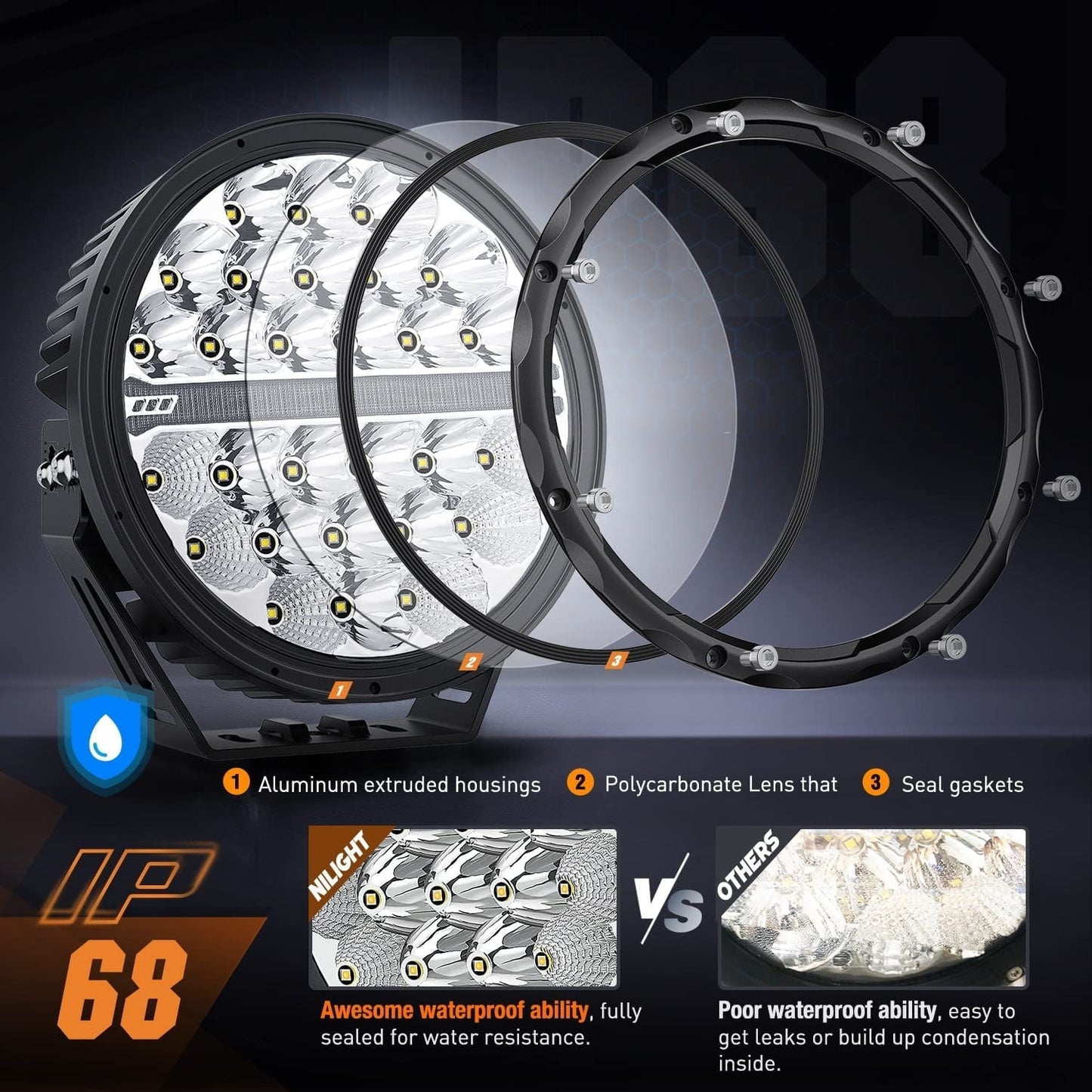 9-inch round off-road LED drive light, 2PCS 140W 15560LM IP68 multi-point floodlight combination work light, 12AWG DT connector harness kit for 4x4 Jeep Truck ATV UTV SUV, 5-year warranty
