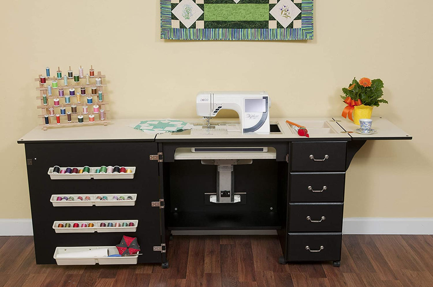 353 Norma Jean Sewing Cabinet for Sturdy Sewing, Cutting, Quilting, and Crafting with Storage and Airlift, Black Finish