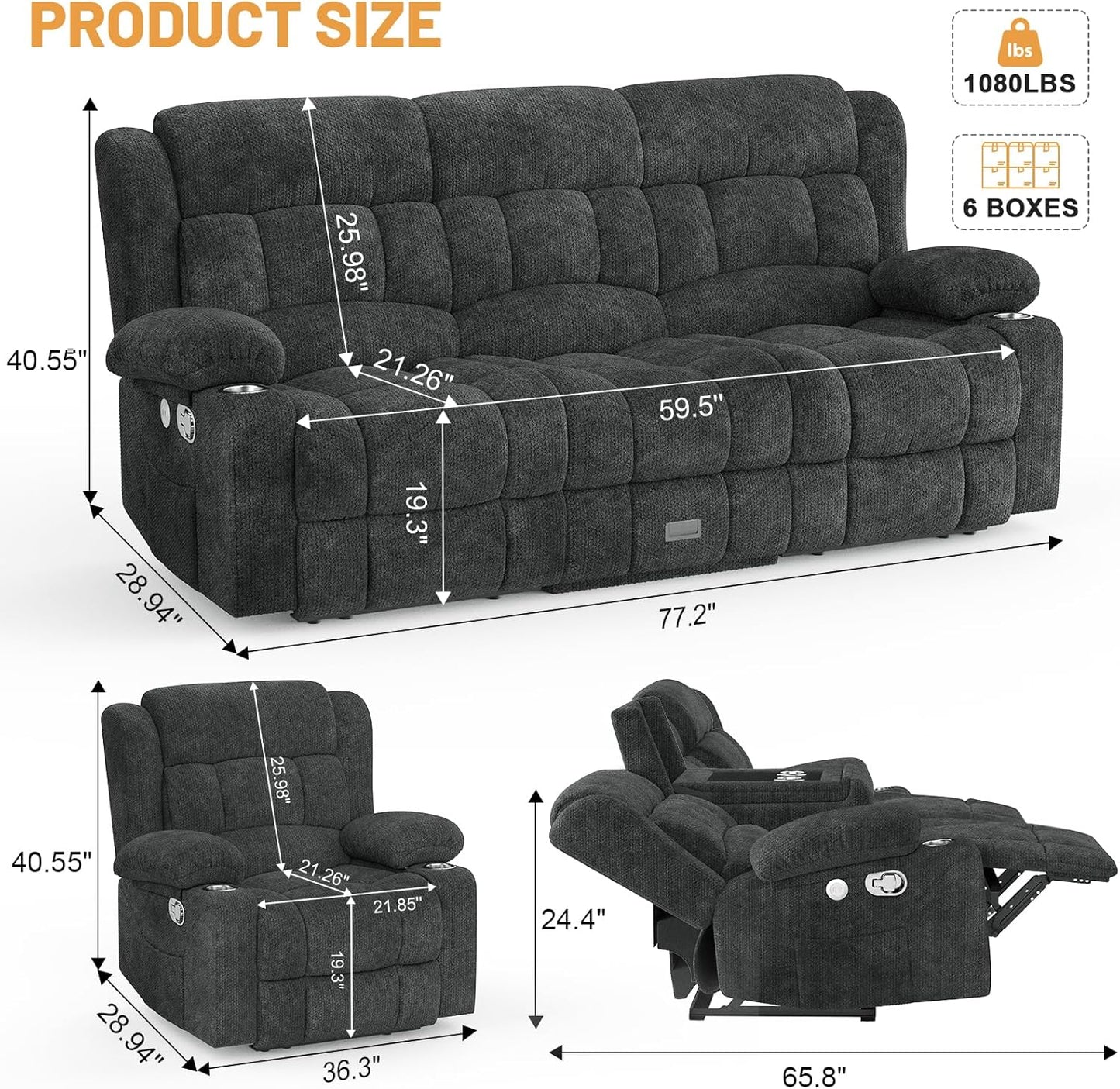 3 Seat Reclining Sofa with Storage Drawer USB Ports & Cup Holders Manual Couch