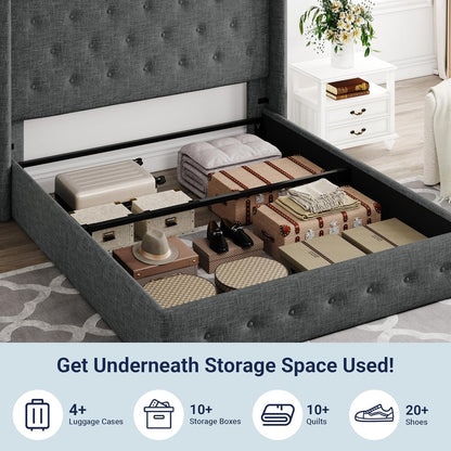 Allewie Queen Size Lift Up Storage Bed, Modern Wingback Headboard, Hydraulic Support, No Box Spring Needed, Light Beige