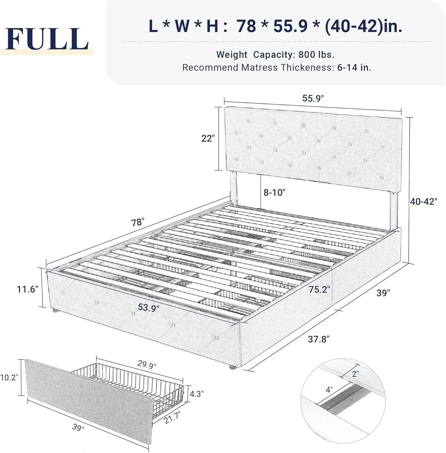Allewie Upholstered Queen Size Platform Bed Frame with 4 Storage Drawers and Headboard, Square Stitched Button Tufted, Mattress Foundation with Wooden Slats Support, No Box Spring Needed, Light Grey