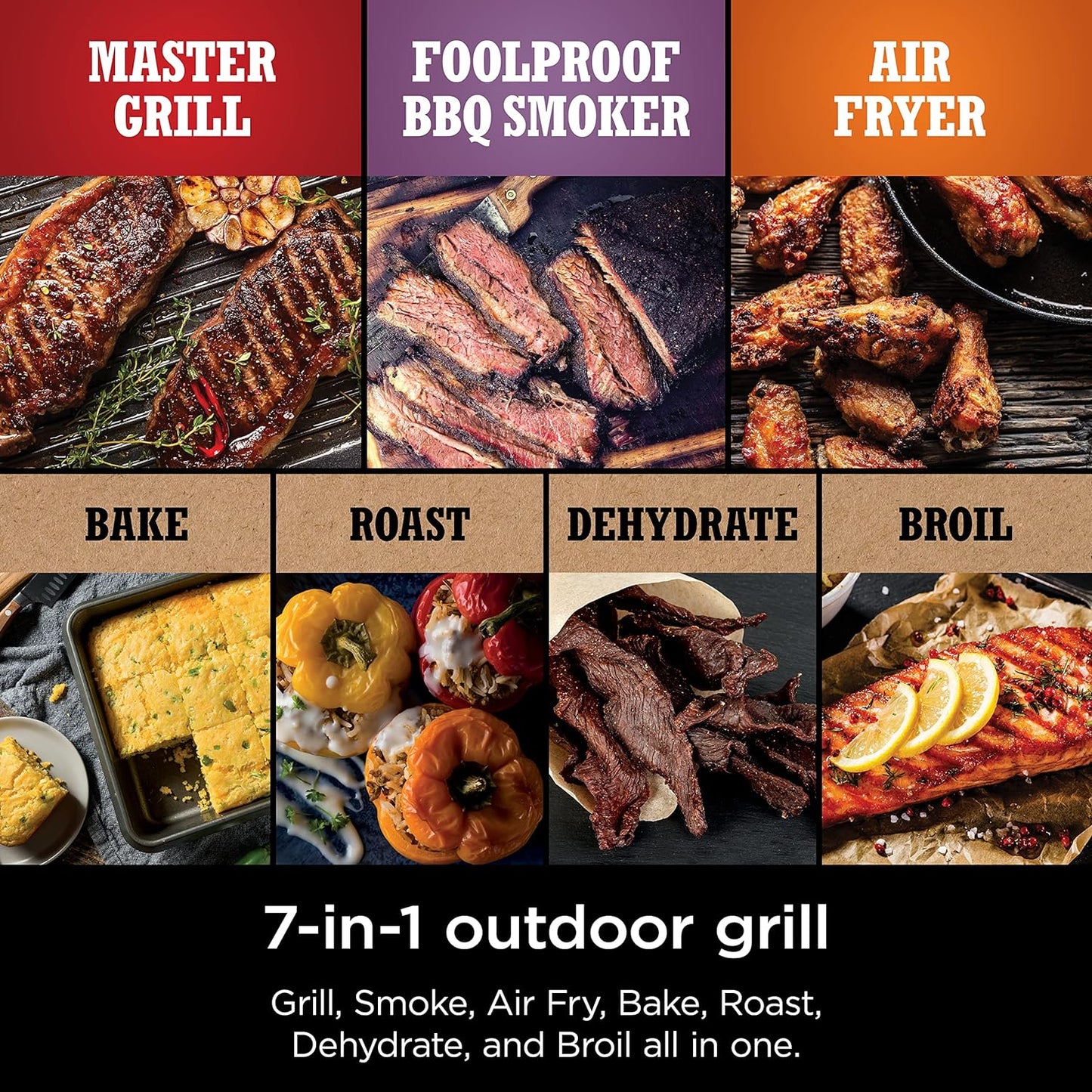 7-in-1 Grill & Smoker with Thermometer, Air Fryer, BBQ, Bake, Roast, Broil - Portable Electric Outdoor Grill, Grey