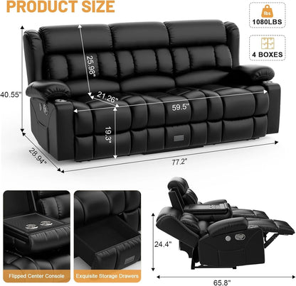 3 Seat Reclining Sofa with Storage Drawer USB Ports & Cup Holders Manual Couch