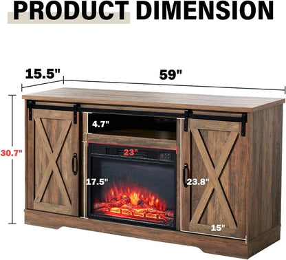 AMERLIFE Fireplace TV Stand with Sliding Barn Door for TVs up to 73", Farmhouse 63" Fireplace Entertainment Center with Storage Cabinets/Adjustable Shelves