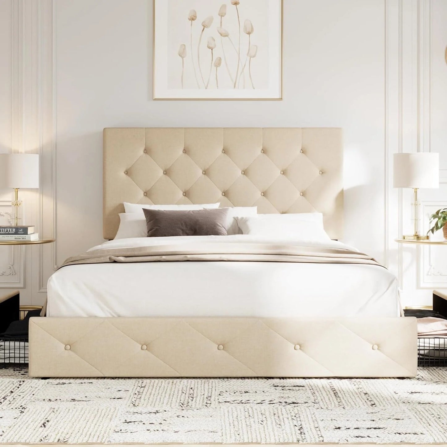 Allewie Upholstered Queen Size Platform Bed Frame with 4 Storage Drawers and Headboard, Square Stitched Button Tufted, Mattress Foundation with Wooden Slats Support, No Box Spring Needed, Light Grey