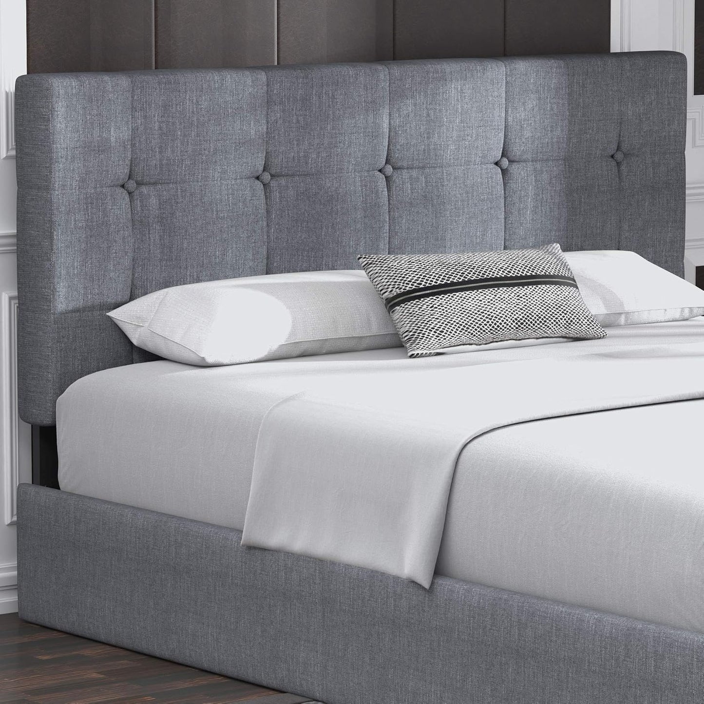 Allewie Upholstered Queen Size Platform Bed Frame with 4 Storage Drawers and Headboard, Square Stitched Button Tufted, Mattress Foundation with Wooden Slats Support, No Box Spring Needed, Light Grey